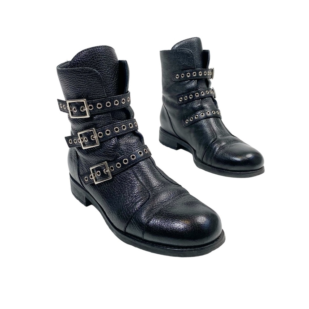 JIMMY CHOO Dover Triple Buckle Lug Sole Moto Boot in Black Leather